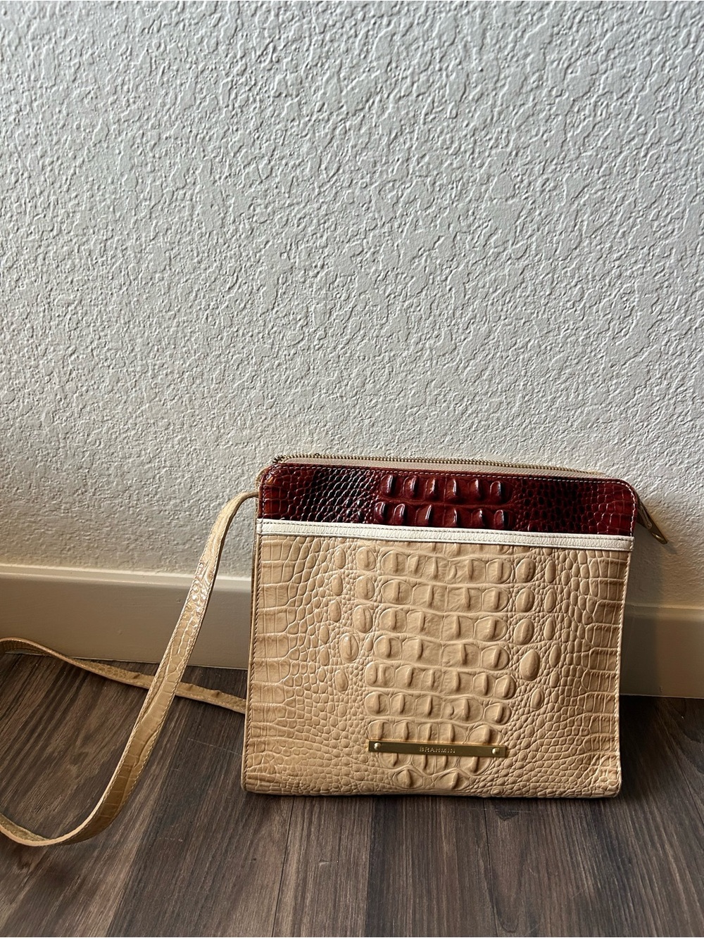 Brahmin Two-Tone Croc-Embossed Crossbody in Beige & Burgundy